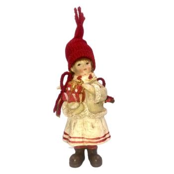 Nisse pige rød/creme med strikhue & Gaver (H: 10 cm) Poly