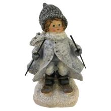 Nisse pige på ski i gråt med strikhue kikker til venstra (12cm høj) Poly og stof