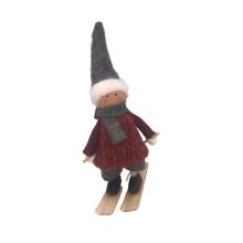 Nisse dreng, på ski grå nissehue, rød/grå (11cm) Filt
