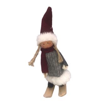 Nisse pige, på ski med rød nissehue, rød/grå (11cm) Filt
