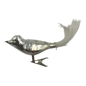 Sølvfugl med fjerhale og clips (8 cm) Juletræ pynt