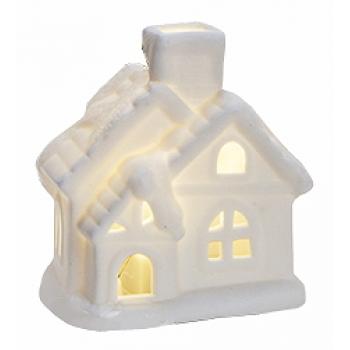 Hvidt hus med bevælige hvidt lys (9cm høj 6x6cm) porcelæn