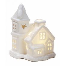 Hvidt hus med bevælige hvidt lys (9cm høj 6x6cm) porcelæn