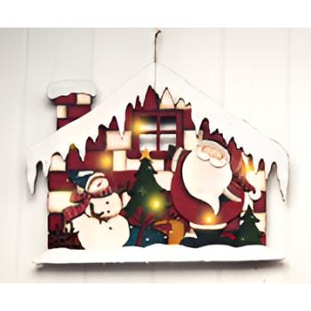 Hus med snemand, juletræ og julemand, LED (BATTERI), træ til ophæng, Tryk på 1 side – 30 x 36 cm
