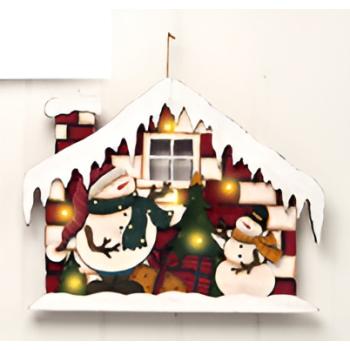 Hus med sneman juletræ og sneman, LED (BATTERI), træ til ophæng, Tryk på 1 side – 30 x 36 cm