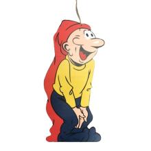 Bramming nisse, gul trøje (H: 42 x B: 27 cm høj) træ, Trykt 2 sider