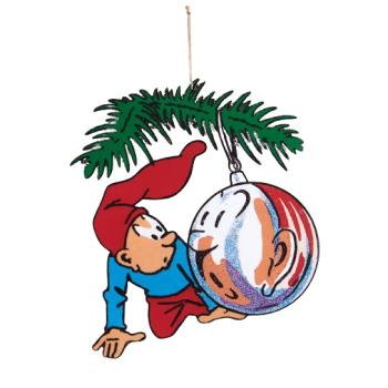 Bramming nisse, spejler sig i julekugle, til ophæng (H:25 cm) Træ, Trykt 1 side.