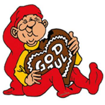 Bramming nisse spiser honningkage (H: 60 cm) Træ, trykt 1 side.