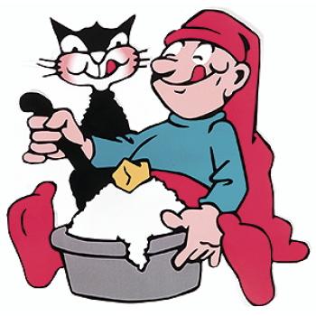 Bramming nisse spiser risengrød med kat (H:40 cm) Træ, trykt 2 side.